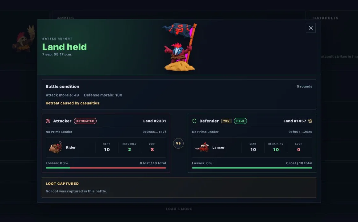 Renewed Landz battle report showing the outcome, armies, losses, and captured loot