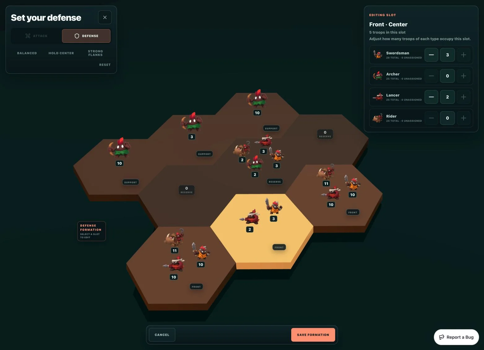 Current Landz defense formation planner with 3D troops on hexagonal positions