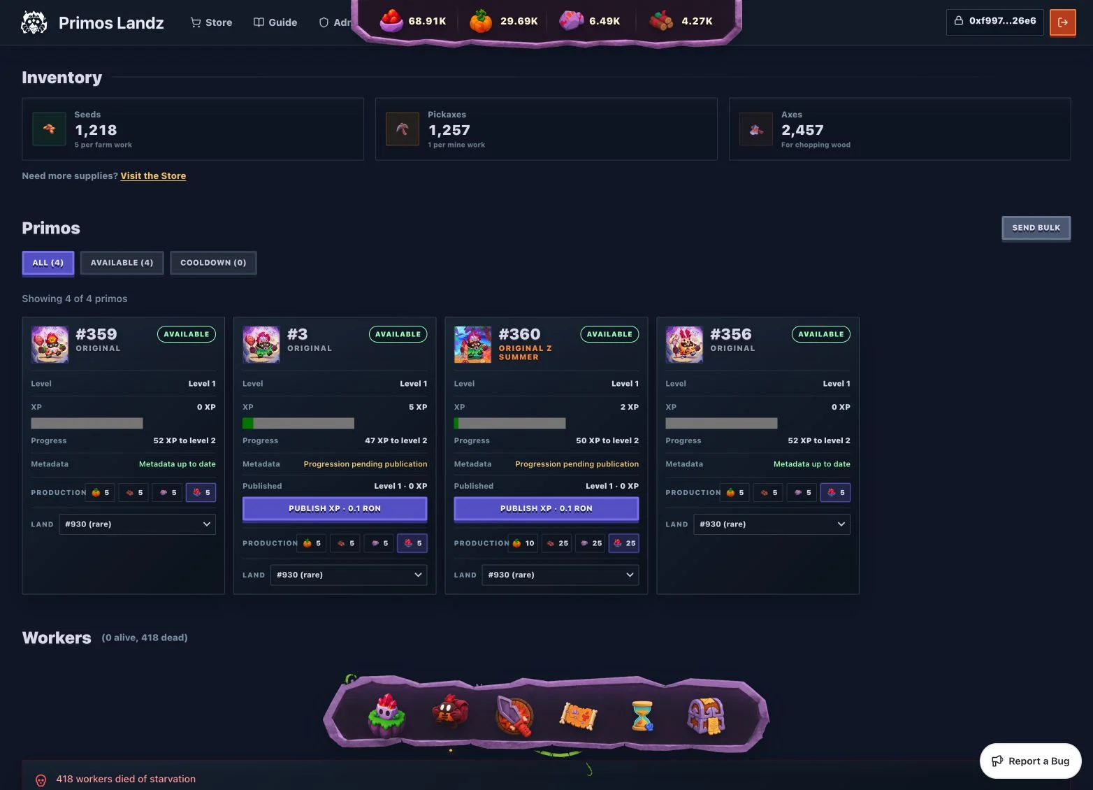 Current Landz inventory with the redesigned resource bar and 3D Primo navigation
